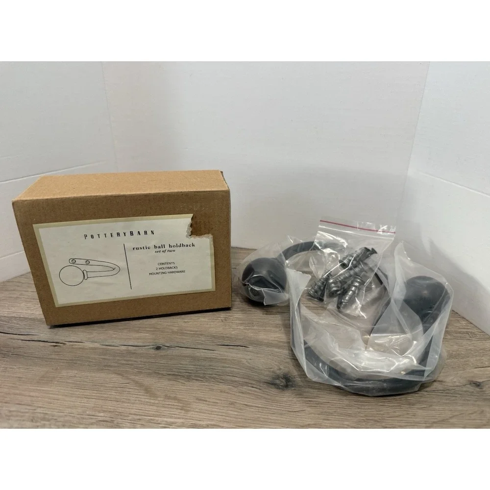 Set of 2 Pottery Barn Rustic Ball Curtain Holdback Black New in Open Box